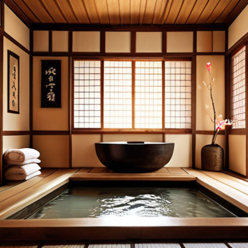 Home 4 **Enchanting bathhouse interior:** Inspired by traditional Japanese onsen and Meiji-era architecture, the bathhouse is filled with a diverse array of spirits. Soft, warm light illuminates the scene. Rich and vibrant color palette.