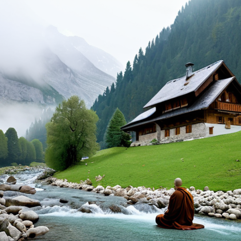**

"A serene mountain landscape in the French Alps, shrouded in mist, with a small, traditional wooden chalet nestled amongst the trees. A lone figure, a fully clothed monk in modest brown robes, is seen meditating in the lotus position near a rushing stream. The scene evokes a sense of peaceful contemplation and connection with nature. Safe for work, appropriate content, perfect anatomy, natural proportions, professional photography, high quality, family-friendly."

**