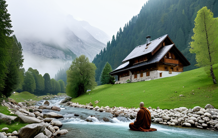 **

"A serene mountain landscape in the French Alps, shrouded in mist, with a small, traditional wooden chalet nestled amongst the trees. A lone figure, a fully clothed monk in modest brown robes, is seen meditating in the lotus position near a rushing stream. The scene evokes a sense of peaceful contemplation and connection with nature. Safe for work, appropriate content, perfect anatomy, natural proportions, professional photography, high quality, family-friendly."

**