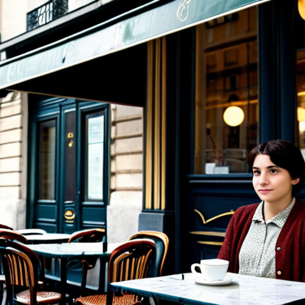 Parisian Café Rainy Day**

"A young woman with short dark hair, dressed in a modest vintage dress and a warm cardigan, sits alone at a small table outside a Parisian café on a rainy day, fully clothed, appropriate attire, safe for work. The café has a classic French awning. Soft, diffused light. Perfect anatomy, correct proportions, natural pose. In the background, Parisian architecture is visible, slightly blurred. Professional photography, high quality, melancholic atmosphere."

**