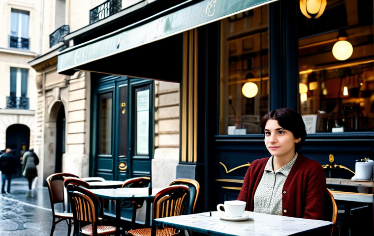 Parisian Café Rainy Day**

"A young woman with short dark hair, dressed in a modest vintage dress and a warm cardigan, sits alone at a small table outside a Parisian café on a rainy day, fully clothed, appropriate attire, safe for work. The café has a classic French awning. Soft, diffused light. Perfect anatomy, correct proportions, natural pose. In the background, Parisian architecture is visible, slightly blurred. Professional photography, high quality, melancholic atmosphere."

**