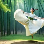 중국 무협영화의 진화 - **Prompt 1: Aerial Bamboo Forest Duel**
    "A female Wuxia warrior, gracefully leaping through a my...