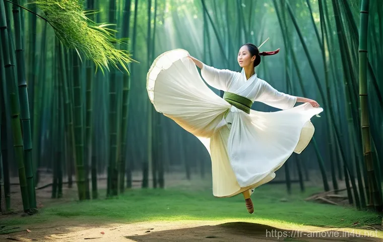 중국 무협영화의 진화 - **Prompt 1: Aerial Bamboo Forest Duel**
    "A female Wuxia warrior, gracefully leaping through a my...