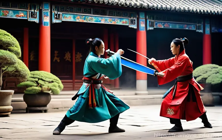 중국 무협영화의 진화 - **Prompt 1: Aerial Bamboo Forest Duel**
    "A female Wuxia warrior, gracefully leaping through a my...