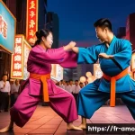 영화  쿵푸 허슬 과 주성치의 코미디 철학 - A dynamic martial arts scene blending action and comedy in a vibrant urban Asian setting at dusk, fe...