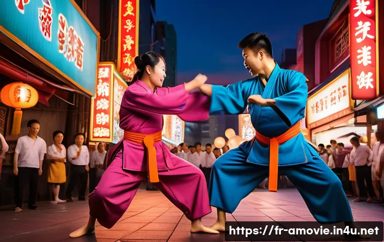 영화  쿵푸 허슬 과 주성치의 코미디 철학 - A dynamic martial arts scene blending action and comedy in a vibrant urban Asian setting at dusk, fe...