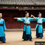 장이머우 영화  금릉13채  캐스팅 비화 - A dramatic scene on a historical Chinese set featuring a group of actors rehearsing martial arts cho...