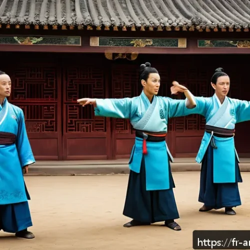 장이머우 영화  금릉13채  캐스팅 비화 - A dramatic scene on a historical Chinese set featuring a group of actors rehearsing martial arts cho...