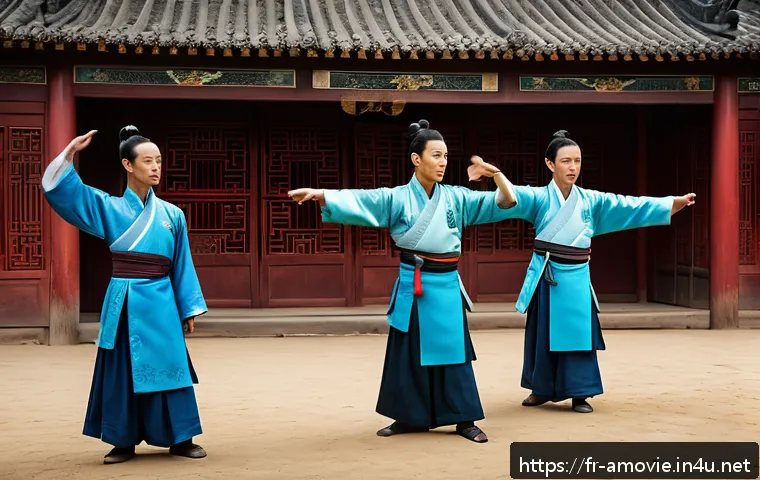 장이머우 영화 금릉13채 캐스팅 비화 - A dramatic scene on a historical Chinese set featuring a group of actors rehearsing martial arts cho...