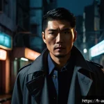 주윤발 영화 명작 모음 - A dramatic cinematic portrait of an Asian male actor in his prime, embodying intense subtlety and em...