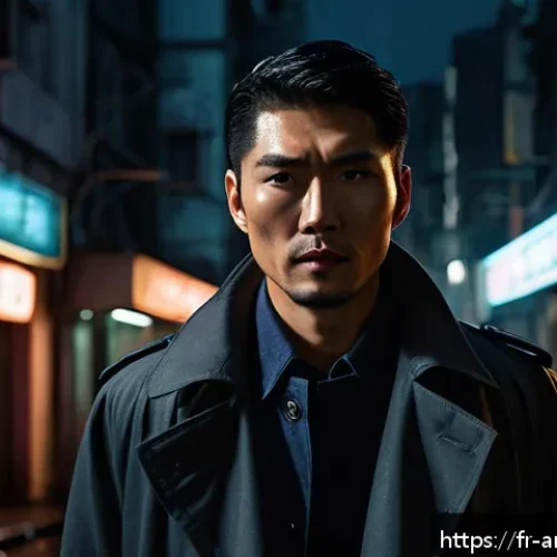 주윤발 영화 명작 모음 - A dramatic cinematic portrait of an Asian male actor in his prime, embodying intense subtlety and em...