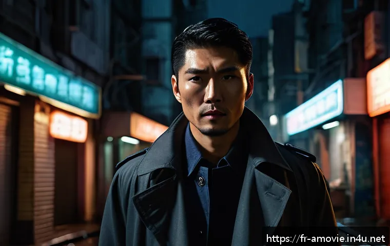 주윤발 영화 명작 모음 - A dramatic cinematic portrait of an Asian male actor in his prime, embodying intense subtlety and em...