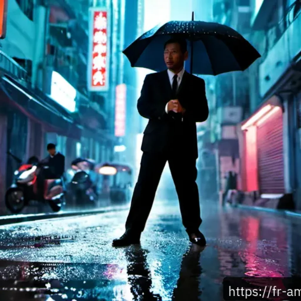 홍콩영화  첩혈쌍웅  관객수 분석 - Photorealistic neo-noir scene inspired by classic Hong Kong heroic-bloodshed cinema, a lone middle-a...