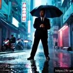홍콩영화  첩혈쌍웅  관객수 분석 - Photorealistic neo-noir scene inspired by classic Hong Kong heroic-bloodshed cinema, a lone middle-a...