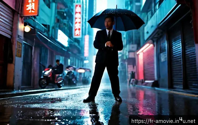 홍콩영화  첩혈쌍웅  관객수 분석 - Photorealistic neo-noir scene inspired by classic Hong Kong heroic-bloodshed cinema, a lone middle-a...