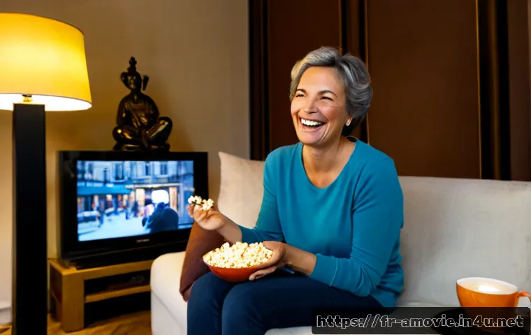 홍콩 코미디 영화 추천 - Photorealistic cozy Paris apartment living room, a cheerful French couple in their 50s laughing whil...